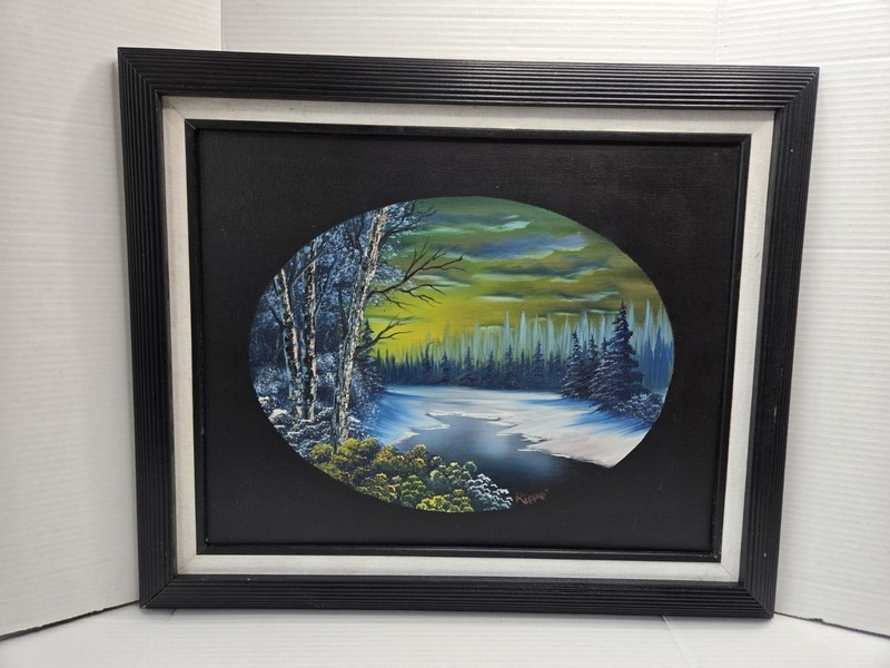 Bob Ross Style Twilight Beauty Oval Framed Black Wooden Frame Canvas Scenery