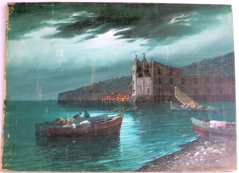 VINTAGE OIL PAINTING ON CANVAS SIGNED P DARIO SEASIDE MARINA SAILBOATS SEASCAPE