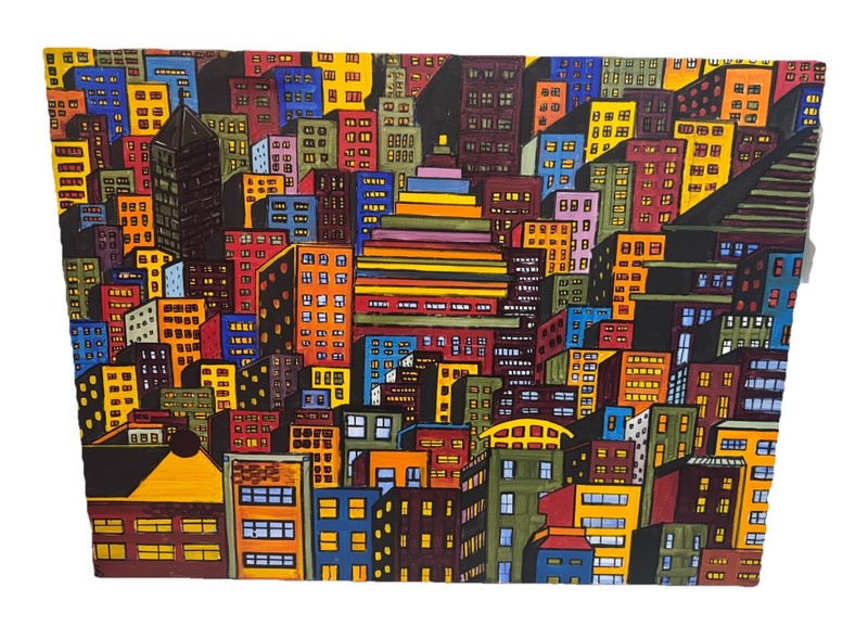 Original Abstract Cityscape Painting Colorful Geometric Buildings Signed CA