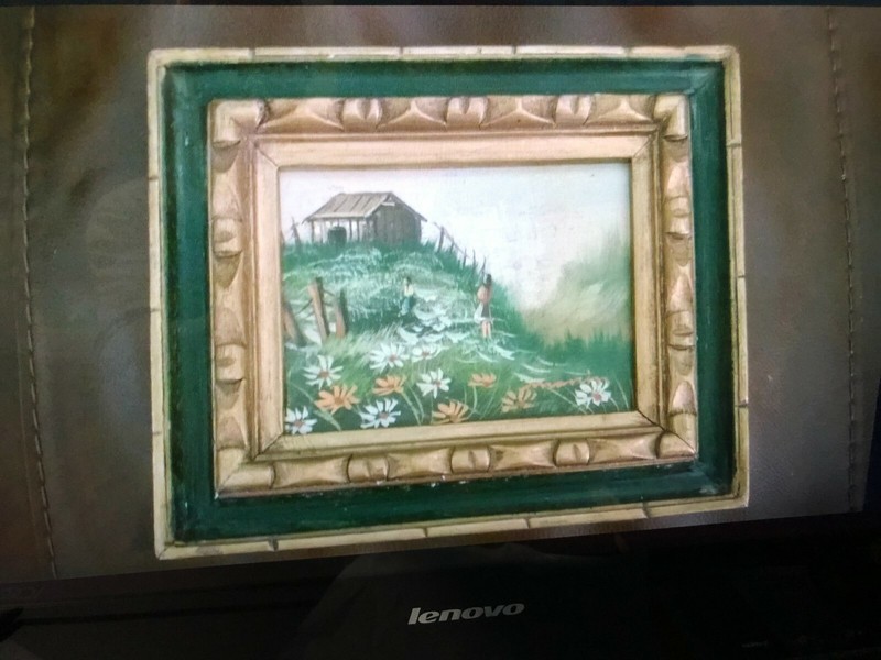 Old Vintage Original Mini Oil Painting «MOUNTAIN SCENE?» Signed. Framed