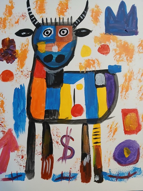 Neo Expressionism/Cubism Colorful Cow 11 x 14 Playful Street Art Painting