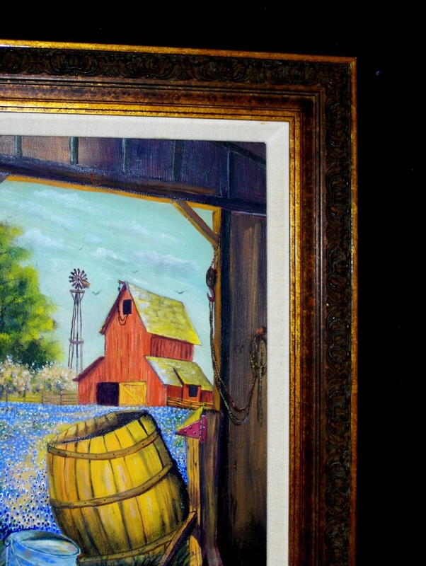 Bluebonnets Blooming Tree Barns Barrel Tool Waterwheel Bird Sky oil cnv Painting gallery