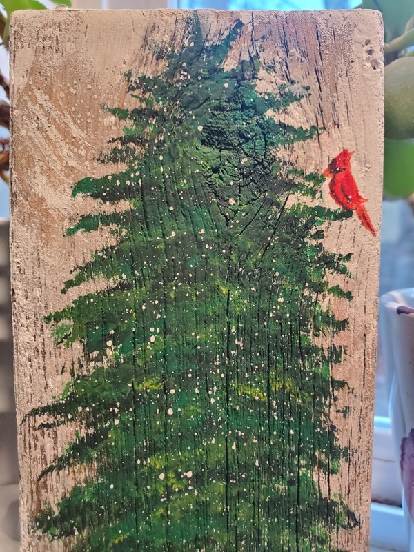 Snowy Pine Tree Red Cardinal Special Visitor Wood painting small gallery