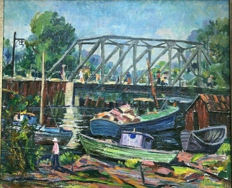 "Boatyard" with People on Bridge 16 x 19 1/4" Oil Painting-1940s/50s-Louis Bosa