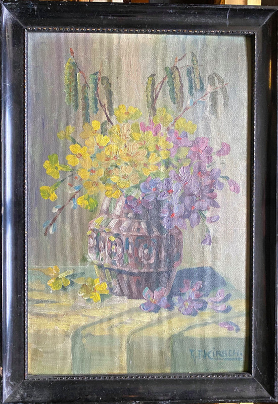 Oil Painting Sign a. F.Cherry Flower Still Life IN Vase With Purple Yellow