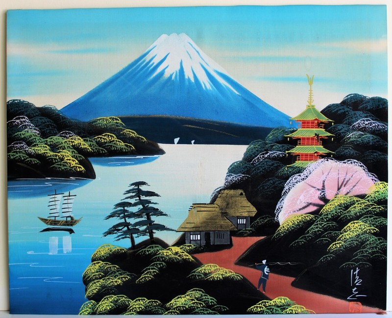 VINTAGE JAPANASE PAINTING ON SILK SIGNED MOUNT FUJI PAGODA VILLAGE LANDSCAPE