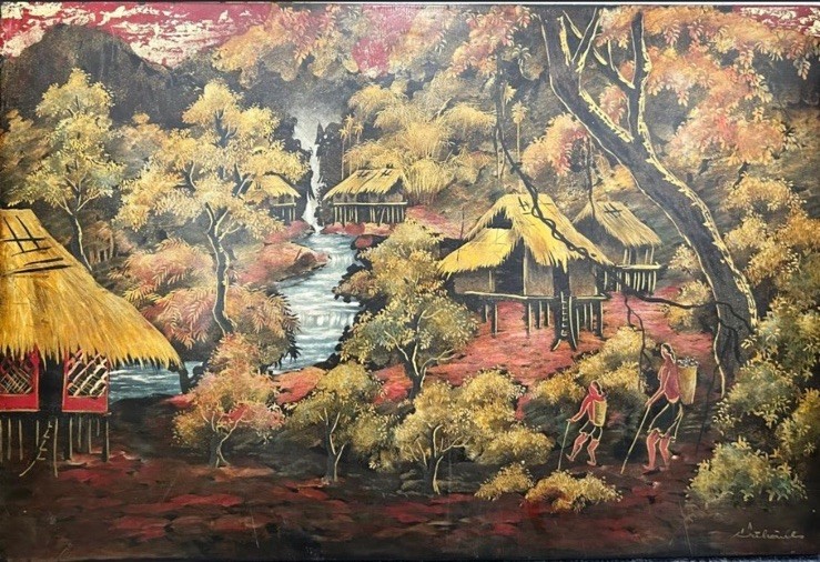 Le Thanh Vietnamese Lacquer Panel Painting Village Vietnam Signed 16 1/4” by 24”