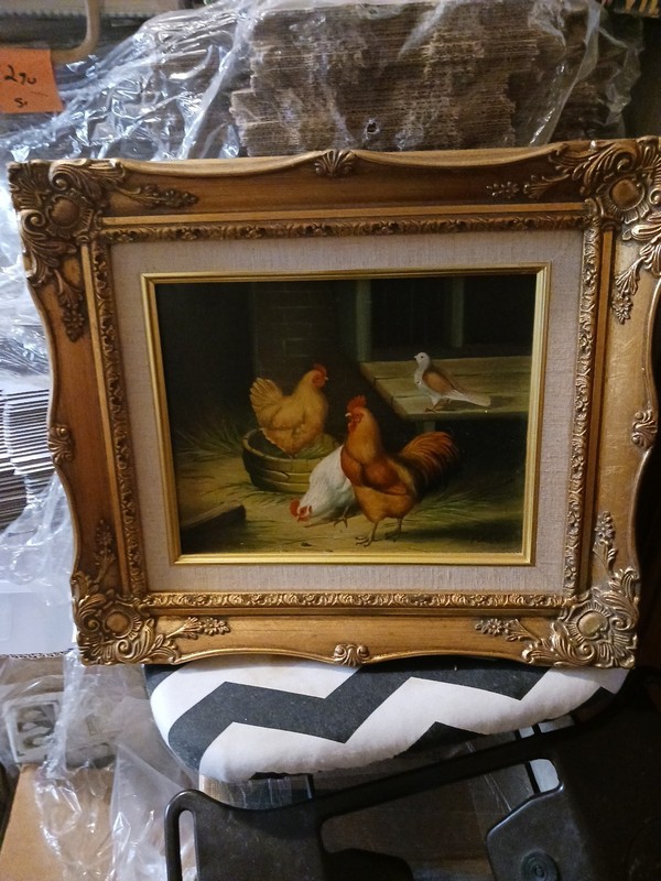 Vtg Farm Scene Hens Realism Original Oil/ Acrylic?painting W GOLD WOOD FRAME…