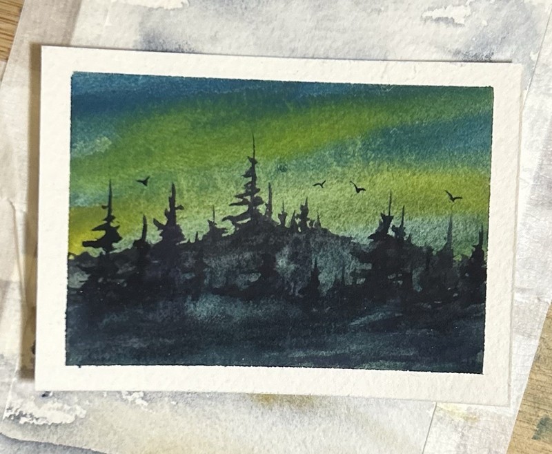 ACEO Watercolor Painting, Northern Lights Lake Landscape, Signed By Sasha Lehto