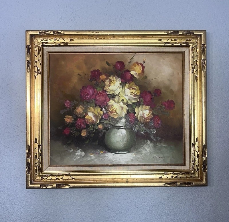 Still Life Flowers Oil Painting On Canvas Signed C. Johnson – Vintage