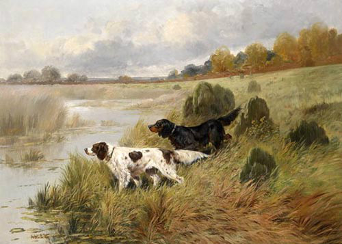 Oil painting two dogs by the river landscape free shipping don’t miss