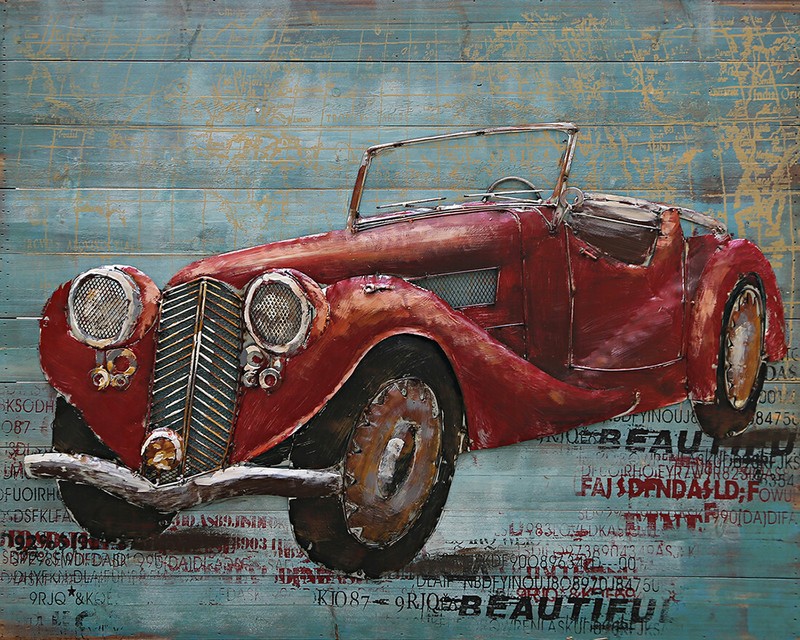 Paintings 3D Vintage Style Metal Red Car on Wood Painting Wall Art DEAL