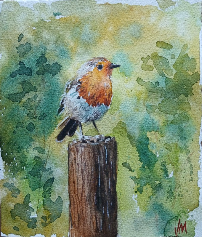 Original Small Watercolor Painting «Bird On Fence» 6″ x 7″ NOT A PRINT