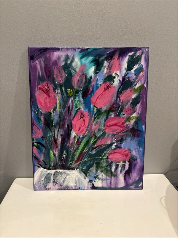 Original Oil Painting Flowers Tulip Bouquet Canvas Wall Art Gift 16” X 20”