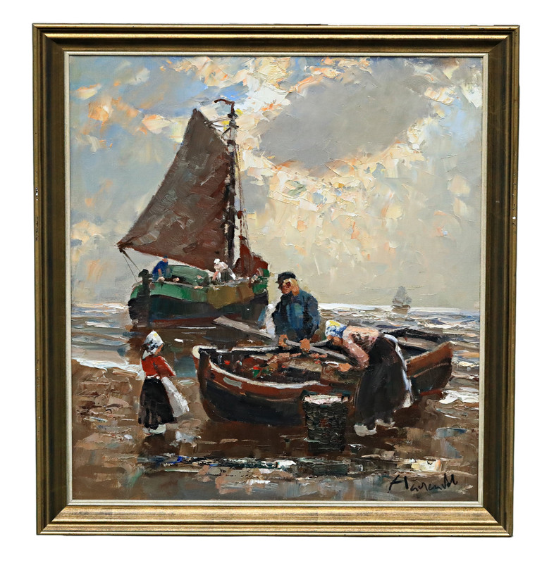 Harry Haerendel Harbor Maritime Scene Fishers Oil Painting, Signed Framed