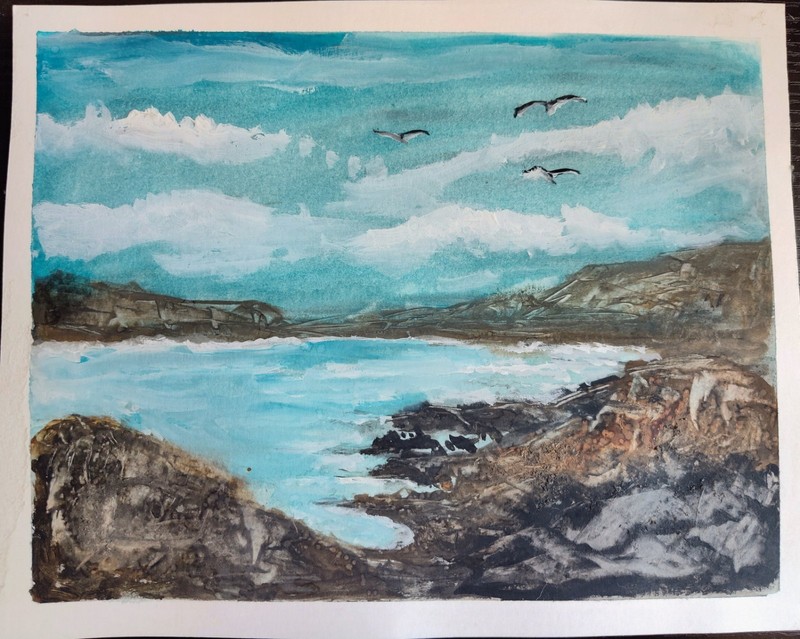 8 X 10 Inch Landscape Seascape Coast Ocean Birds Painting on Paper, Unframed