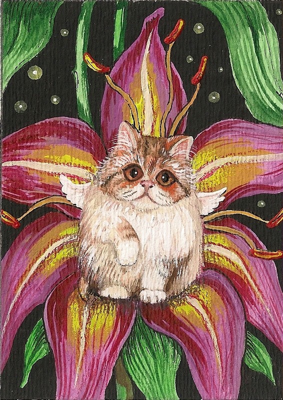 PRINT OF ACEO PAINTING RYTA PERSIAN CAT KITTEN FAIRY FLOWER SPRING FOLK Art 🌺
