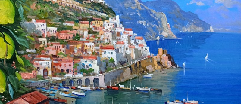 🟩⬜ 🟥 AMALFI PAINTING LEMONS SEASIDE SOMMA ART ITALIAN Amalfi-Gemälde malerei gallery