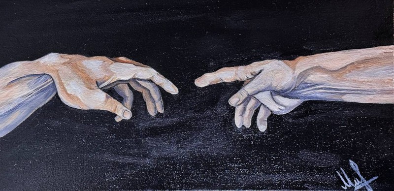 Hand-painted artwork, signed, realistic hands, symbolic gesture, modern oil pain