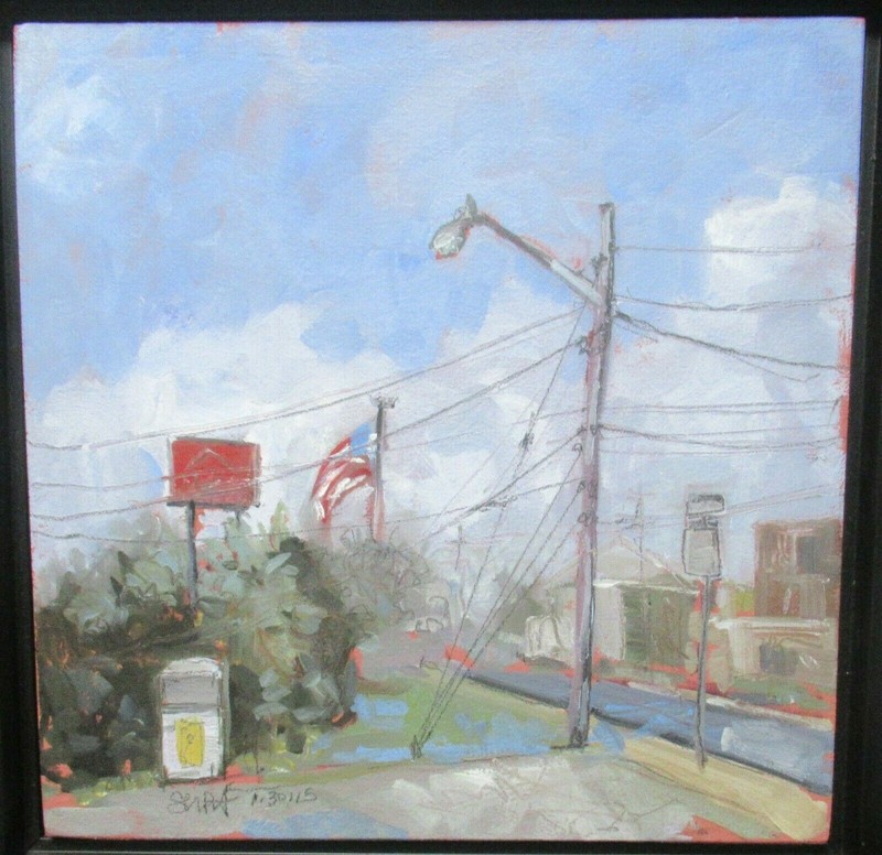SARAH BAPTIST "RED,WHITE AND BLUE" ORIGINAL OIL ON BOARD STREET SCENE PAINTING gallery