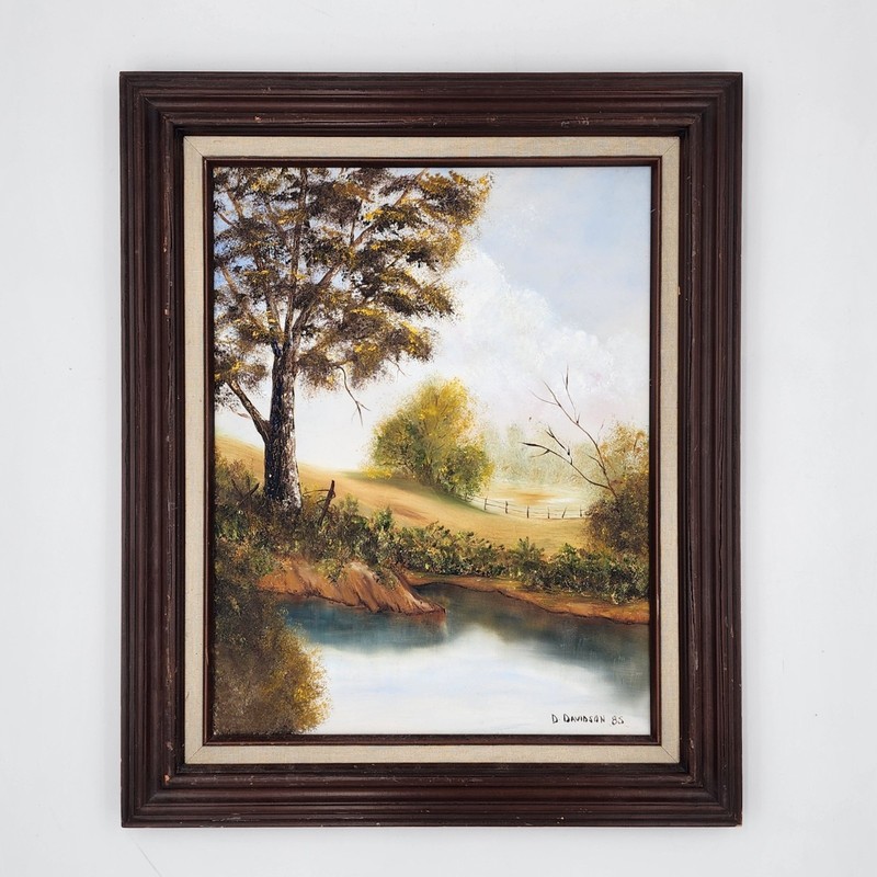 Original D Davidson Oil Painting Landscape Trees Lake Framed 19×23 Vintage Art