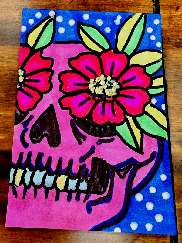 ACEO Miniature Art Piece-A Vision-flash-Floral-skull-Original-Caroline Hanold