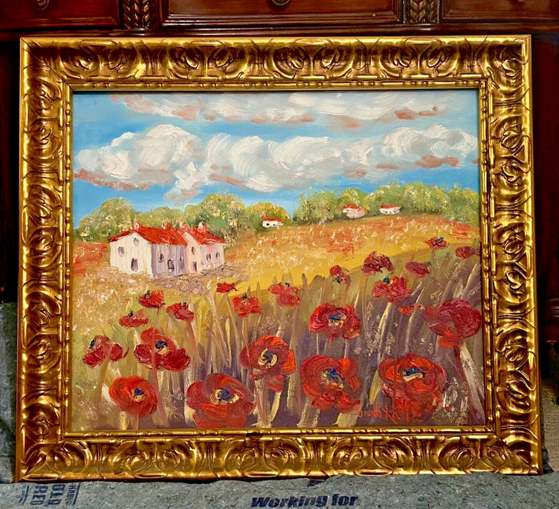 SARAH KADLIC 24×20 Impasto Oil Painting Canvas Tuscany Poppies w/ L. Juhl Frame!
