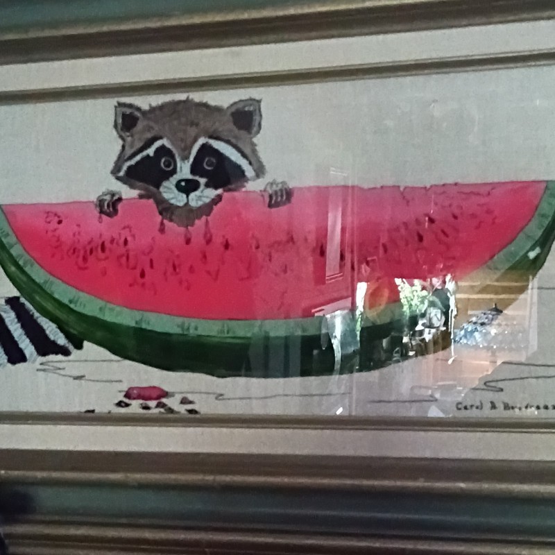 Carol A. Boudreaux Framed Signed Painting Raccoon with Watermelon on Canvas gallery
