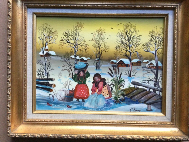 Great primitive Eastern European painting By Edith Simon on Masonite Board. gallery