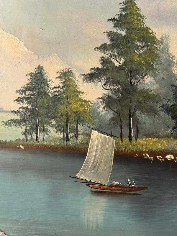 Antique Oil Painting Mountain Lake Sailboat Landscape on Rustic Wood Panel gallery