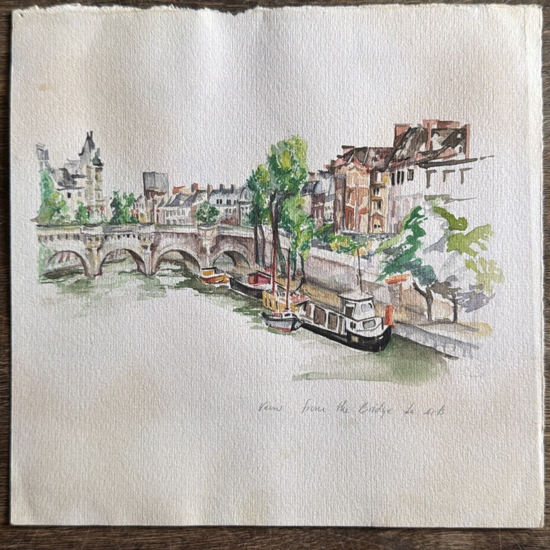 ORIGINAL PAINTING WATERCOLOR PARIS «View from the Pont de Arts» 7”x7”