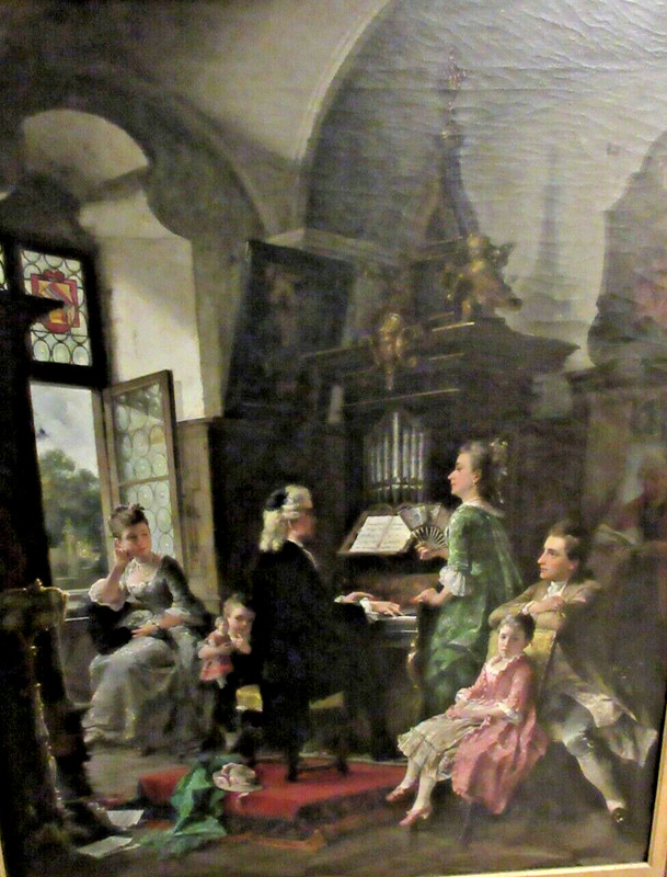 IMPORTANT CARL HERPFER 46" x 54" OIL PAINTING "MUSIC LESSON" IN FINE GOLD FRAME gallery