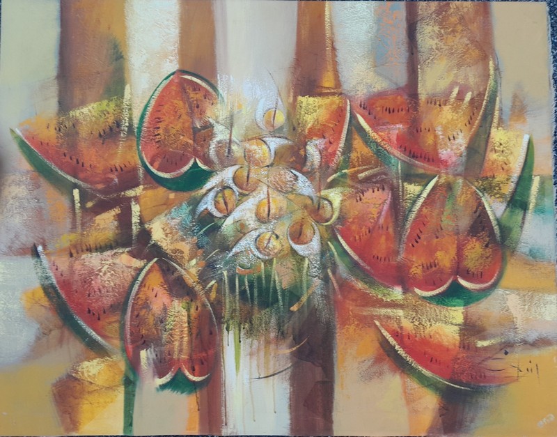 MODERN ABSTRACT HARD EDGE CUBIST OIL 1970S/80S «STILL LIFE» SIGNED UNFRAMED