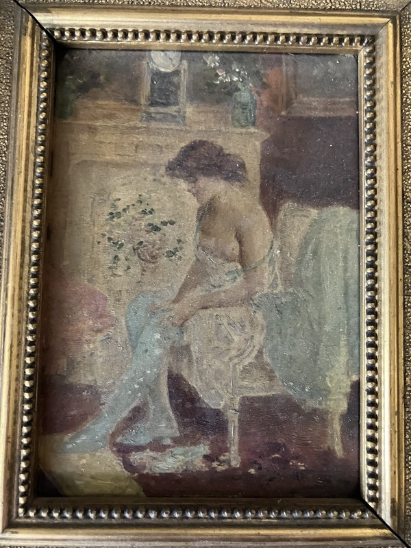 Orig Oil Painting on Board of Boudoir Scene in Gilded AsIs Frame C1899 UnkArtist gallery