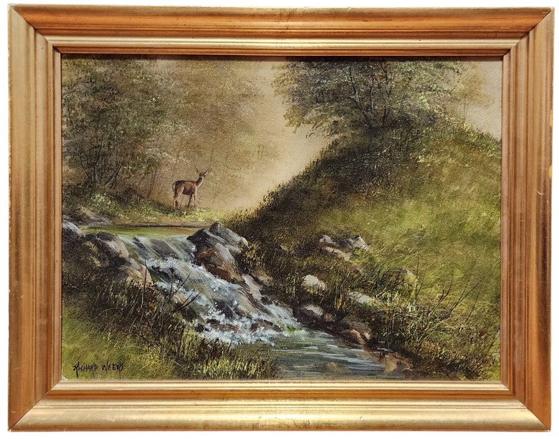 Richard Weers, Friend in the Forest, Vintage Oil on Canvas, Deer in Landscape