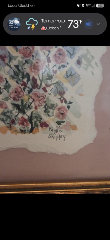 Vtg Goldtone Framed Watercolor Lattice Pink Blue Floral Unsigned Phyllis Shipley gallery