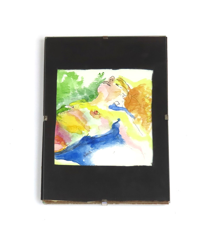 Miniature 4”x4” Watercolor Painting, Model in Drawing Class, Signed 2003