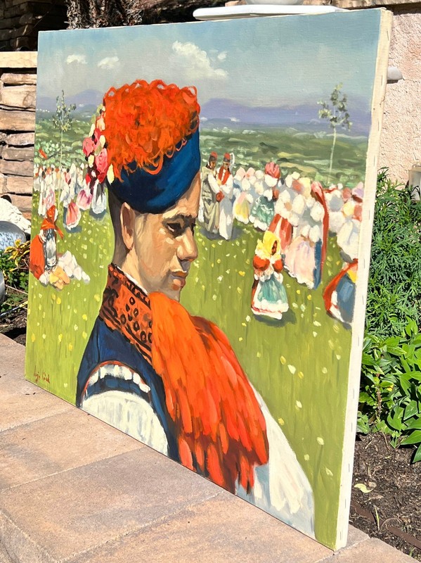 VTG Original c. 1950s Large Oil Painting Czech Folk Scene in Style of Joza Uprka gallery