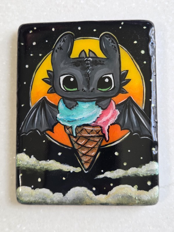 Toothless Dragon Cute Ice Cream Hand-Painted Acrylic Painting on Santorini Stone