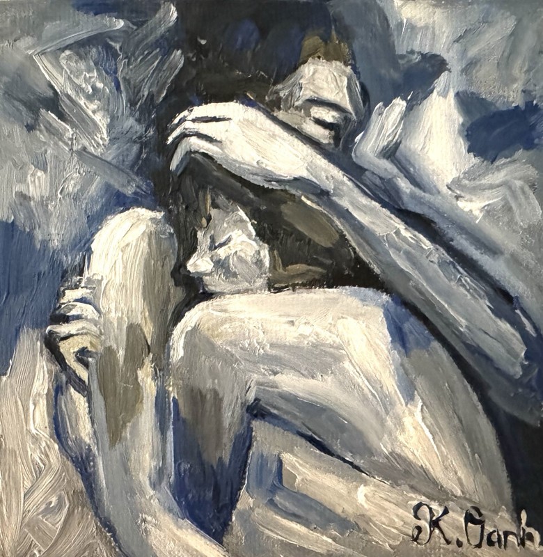 ORIGINAL OIL PAINTING A COUPLE ON STRETCH CANVAS SIGNED 3.94×3.94