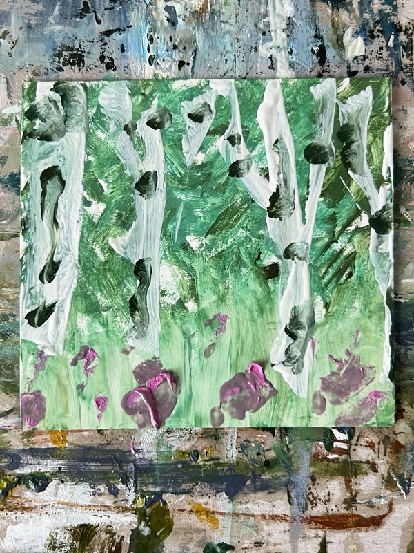 Blooming Spring Flowers & Birch Trees Semi Abstract Minimalist Framed Painting gallery