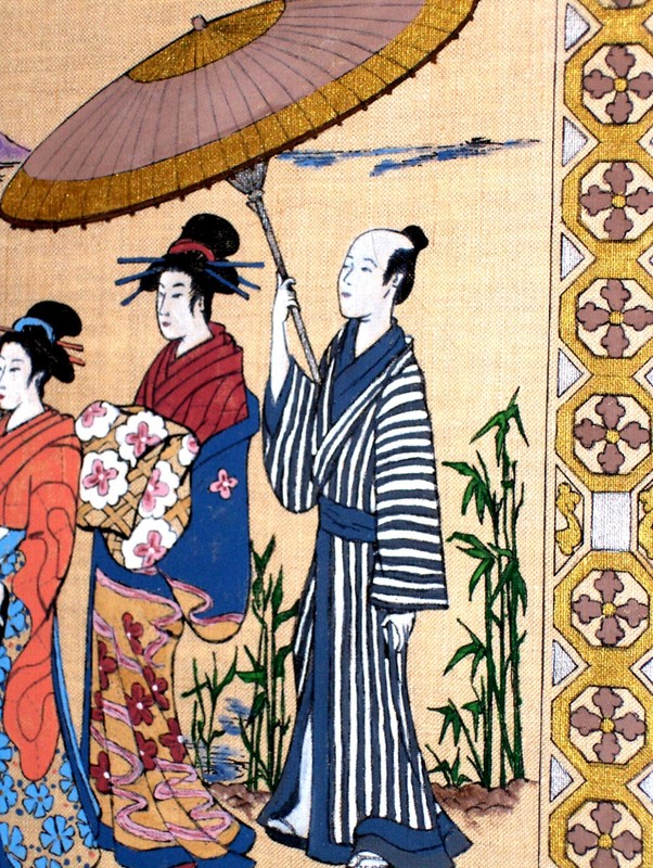 GORGEOUS ORIGINAL Geisha Asian High Society Ladies Mountain Garden Paint Linen gallery