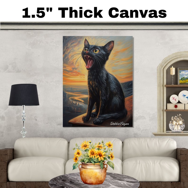 Screaming Black Cat on Rooftop Art Flat Rolled, Framed or Wrapped Canvas gallery