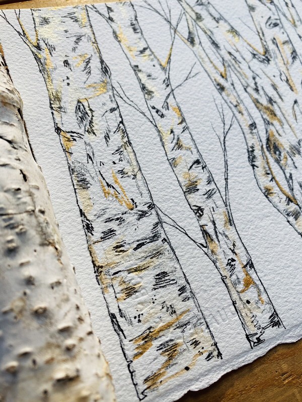 Original Watercolor Painting Landscape Birch Aspen Tree Wood Forest Gold MCM Art gallery