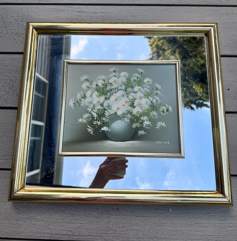 Basket of Daisies Original Painting signed Medina With Mirrored Frame 16 × 17