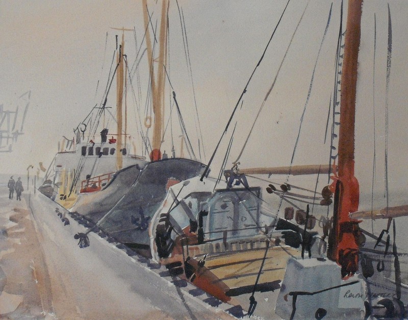 YACHTS ON MOORINGS POOLE HARBOUR ENGLAND WATERCOLOUR RALPH HARTLEY c1960s