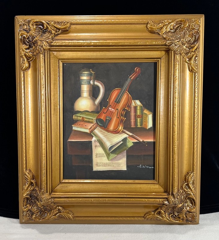 Vtg Oil Painting Still Life Books Violin Canvas, Ornate Gold Frame 15×17” Signed