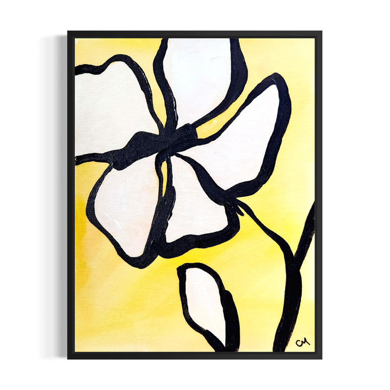 Original Abstract 11×14 Flower Acrylic Canvas Painting Signed Yellow Wall Art