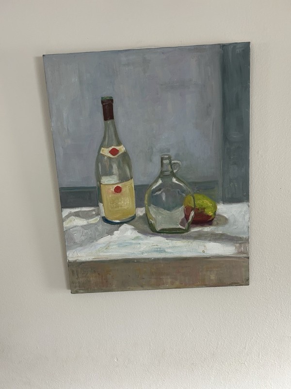 Vintage Handmade Original Oil Painting Fredix Canvas Wine Bottle