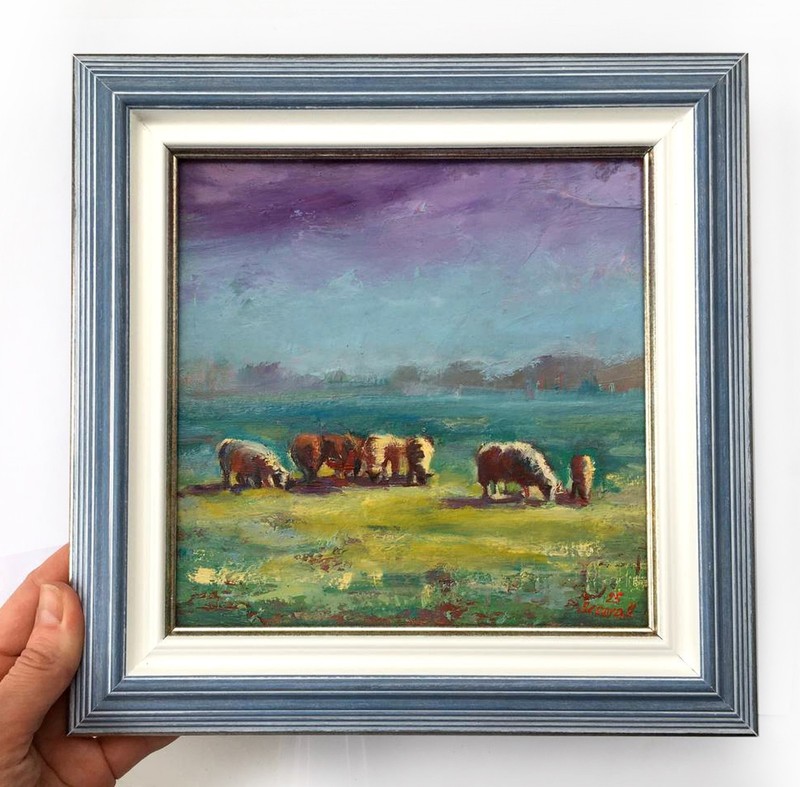 Original Sheep Oil Painting Framed – Pastoral Landscape Impressionism 10×10″